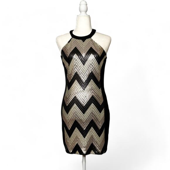 G by Guess Dresses & Skirts - G by Guess Chevron Stripe Sequin Halter Dress Gold Black Small